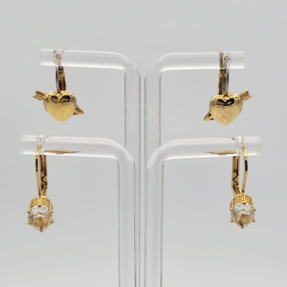2 Pair of Vintage Gold Tone Lever Back Earrings Hearts & Arrows Oval CZ Drop Costume Jewelry Retro Women Statement Elegant Sparkle