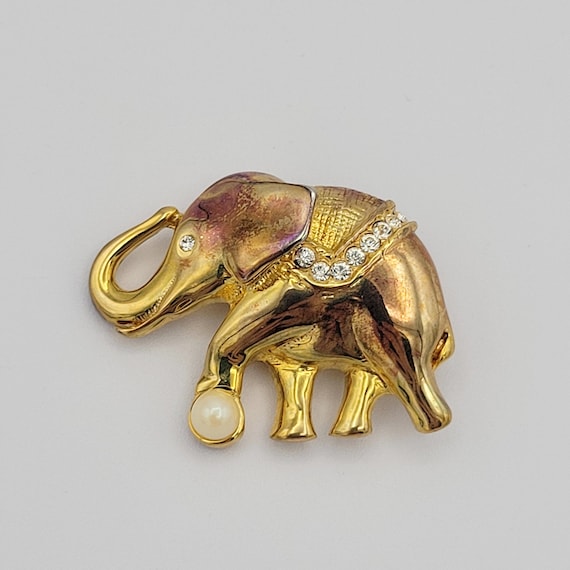 Vintage Gold Tone Circus Elephant Brooch with Faux Pearl & Rhinestone Accents Costume Jewelry Retro Statement Women Pin Hat Lapel Pin Trunk