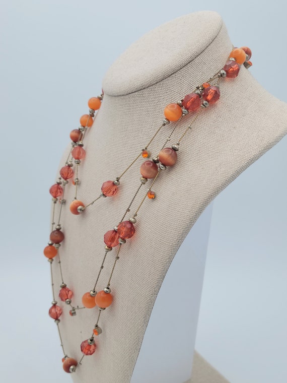 Vintage Gold Tone Long Necklace with Orange Faux … - image 4