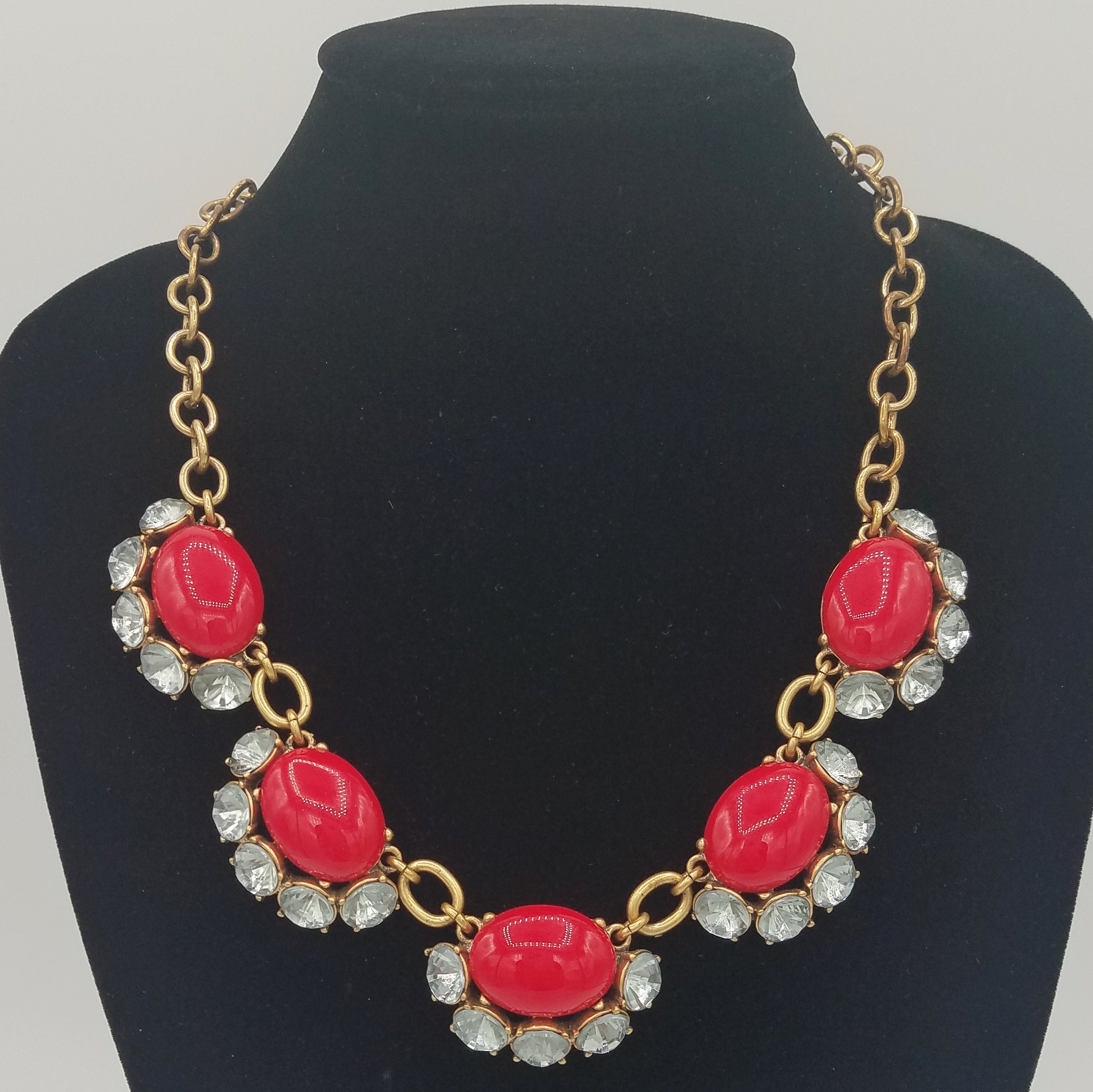 Retired Stella & Dot Mae Bib Necklace with Red Cabochons and Etsy
