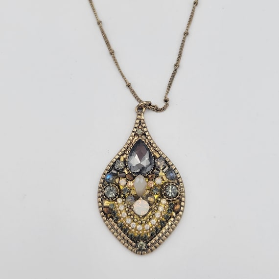 Vintage Gold Tone Knotted Curb Chain Necklace with Rhinestone Encrusted Teardrop Pendant Costume Jewelry Retro Statement Women 37" Long