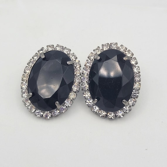 Vintage Oversize Old Hollywood Style Black & Clear Faceted Rhinestone Oval-Shaped Stud Earrings Costume Jewelry Women Statement Sparkle