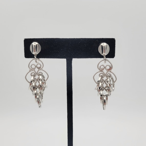 Vintage Coro Silver Tone Art Nouveau Style Dangle Screw Back Clip On Earrings Retro Women Accessories Statement Costume Jewelry Rings Chrome