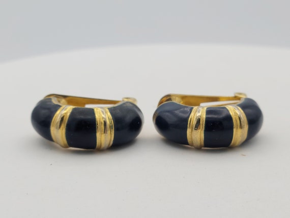 Vintage 1980s Gold Tone Semicircle Clip On Earrings with Navy Enamel Costume Jewelry Statement Retro Accessories Women 1 1/8" Thick Chunky
