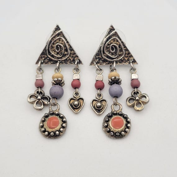Vintage Silver Tone Triangular Geometric & Floral Dangle Earrings Costume Jewelry Retro Women Statement Swirl Wire Beads Beaded Textured