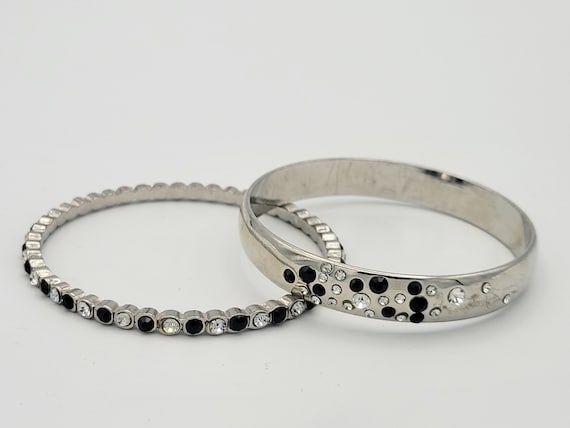 Vintage Set of 2 Silver Tone Bangle Bracelets with Black & Clear Faceted Rhinestones Costume Jewelry Retro Statement Women 8" Matching Pair