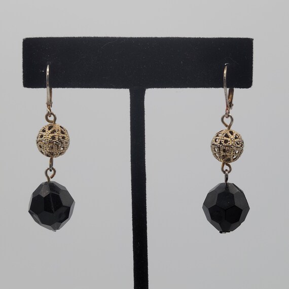 Vintage Gold Tone Openwork Filigree Sphere & Black Faceted Bead Dangle Earrings Costume Jewelry Statement Retro Accessories Women 1 7/8"