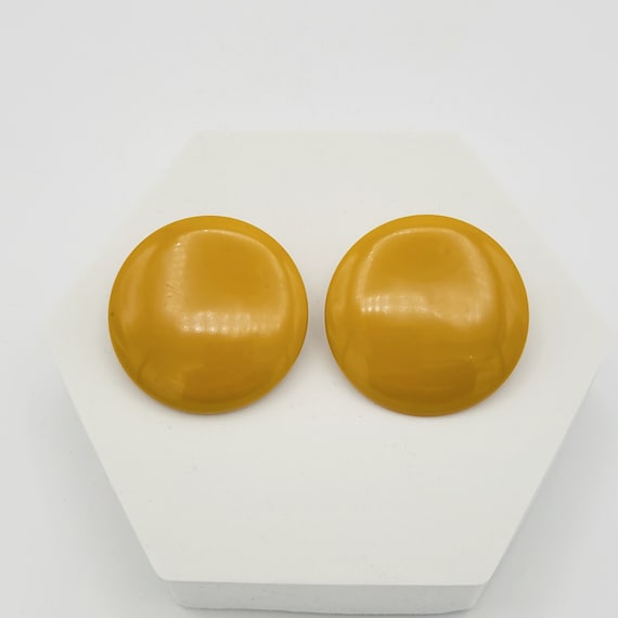 Vintage 1970s Oversize Harvest Gold Button Stud Clip On Earrings Costume Jewelry Retro Women Statement Large Big Tan Brown Yellow 1 3/4"