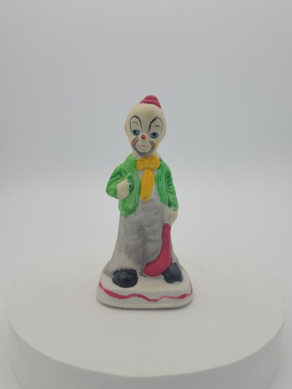 Vintage Porcelain Clown with Handkerchief Figurine Retro Collectibles Green Jacket Red Hat Yellow Bow Tie Circus Hobo Hand Painted