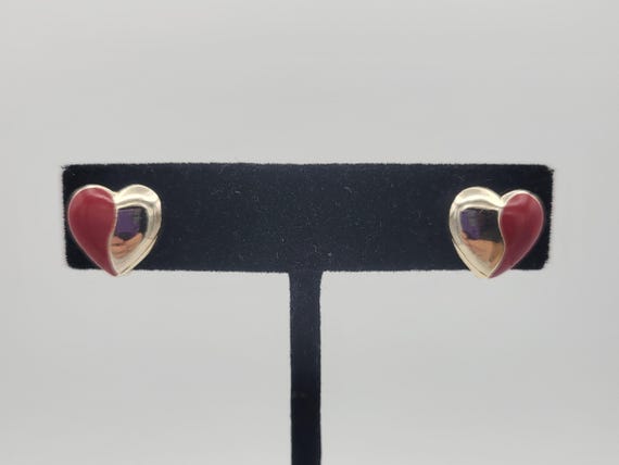 Vintage Chunky Silver Tone & Red Enamel Small Heart Shaped Stud Clip On Earrings Costume Jewelry Retro Valentine Hearts Love Chrome