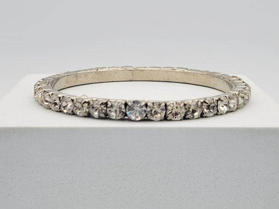 Vintage Silver Tone Rhinestone Encrusted Single Bangle Bracelet Costume Jewelry Retro Statement Women Chunky Sparkle Round Faceted Clear