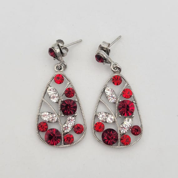 Vintage Silver Tone Floral Openwork Dangle Earrings with Clear & Red Stones Costume Jewelry Retro Women Statement Faux Ruby Textured Wire