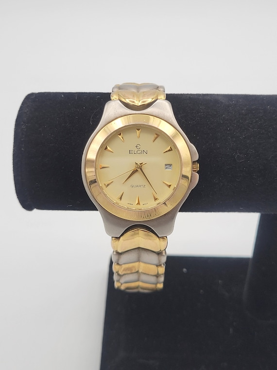 Vintage Elgin Two Tone Round Unisex Watch Costume Jewelry Retro Accessories Statement Deployment Clasp Timepiece Wrist Gold Silver WR