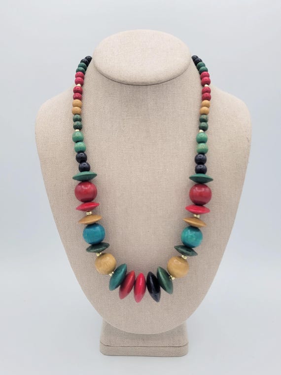 Vintage Multi-Colored Wood Gradient Beaded Single Strand Necklace Costume Jewelry Retro Statement Chunky Round Wide Jewel Tone Bohemian
