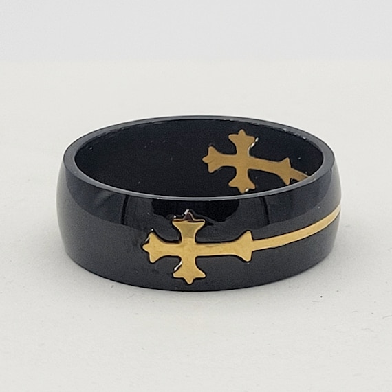 Vintage Black Gunmetal & Gold Tone Inlay Celtic Cross Men's Statement Ring Right Hand Band Costume Jewelry US 12 Chunky Mixed Metals 2.5 MM