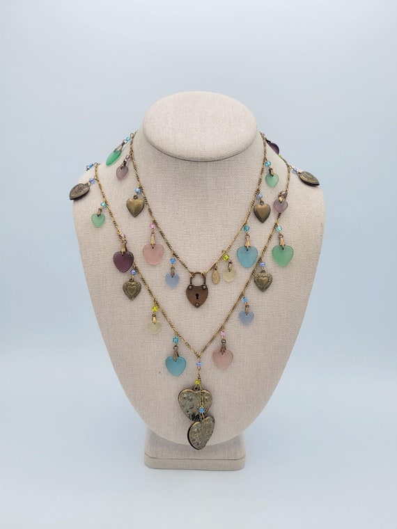 Vintage Glass Works Studio (GWS) 38" Gold Tone Chain Necklace with Glass & Brass Heart Charms Costume Jewelry Women Statement Good Luck