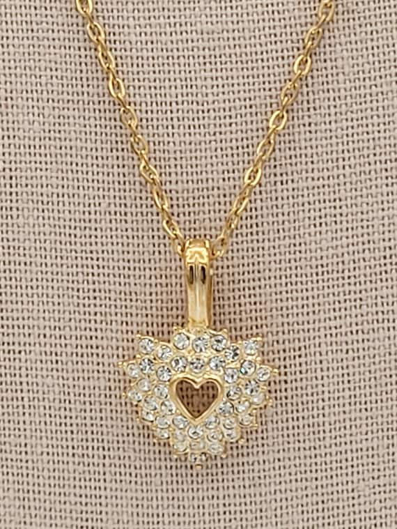 Vintage Roman Gold Tone & Rhinestone Encrusted Heart Shaped Pendant with Cable Chain Necklace Costume Jewelry Retro Statement Women Dome