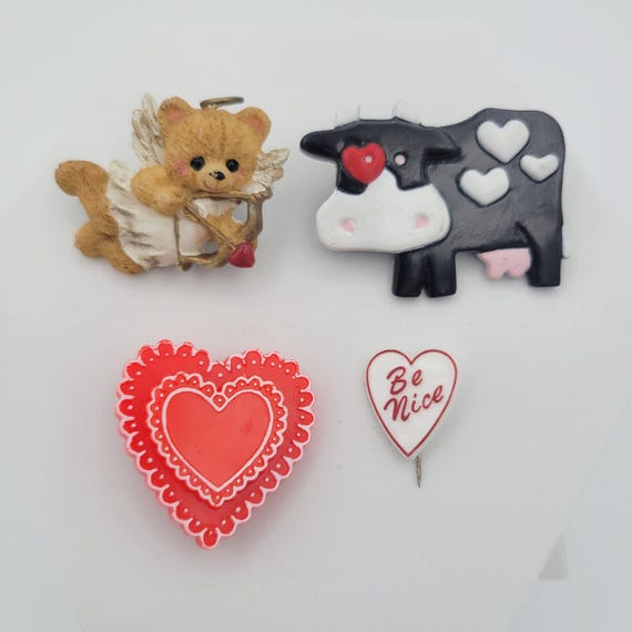Vintage Set of 4 Plastic & Resin Valentine's Day Pins Brooches Costume Jewelry Retro Statement Women Cow Hearts Bear Angel Cupid Bow Arrow