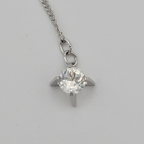 Vintage Clear Round Cut Cubic Zirconia Pendant with Silver Tone Chain Necklace Costume Jewelry Statement Retro 4 Prongs Modern Setting
