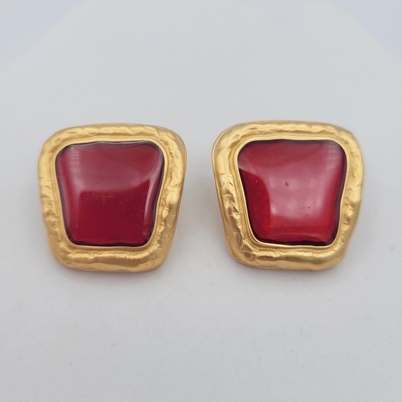 Vintage 1990s Oversize Brushed Gold Tone & Red Enamel Trapezoid Shaped Stud Earrings Costume Jewelry Retro Women Statement Chunky Thick