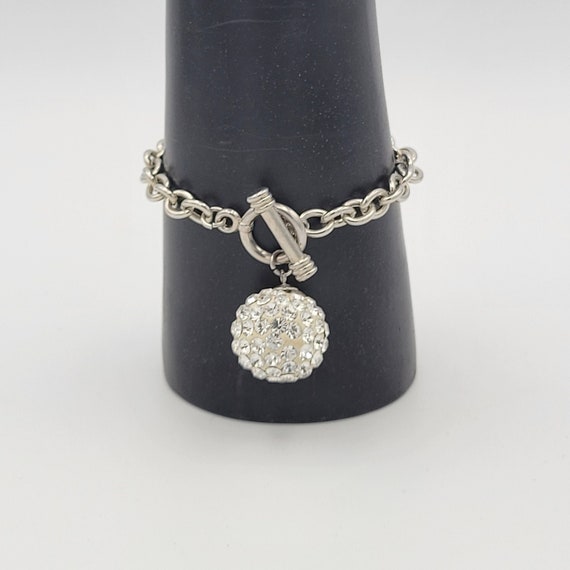 Vintage Silver Tone Cable Chain Bracelet with Rhinestone Disco Ball Charm Costume Jewelry Retro Statement Women Encrusted Toggle Clasp Round