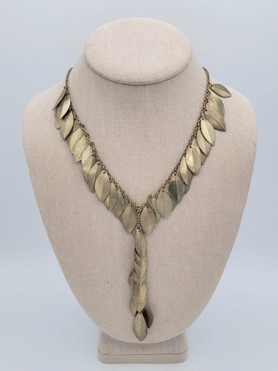 Vintage Gold Tone Leaf Design Cable Chain Y Necklace Lariat Costume Jewelry Retro Statement Women Accessory Leaves Textured Adjustable