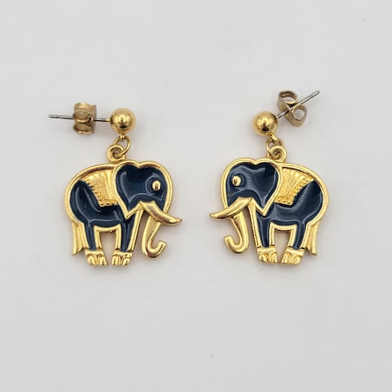 Vintage Gold Tone & Navy Blue Enamel Elephant Dangle Earrings Costume Jewelry Retro Women Statement Good Luck Tusks Trunk Pair Asian African