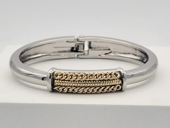 Vintage Two Tone Hinged Bangle Bracelet with Silver Tone Chrome & Gold Tone Chain Designs Costume Jewelry Retro Women Accessories Statement