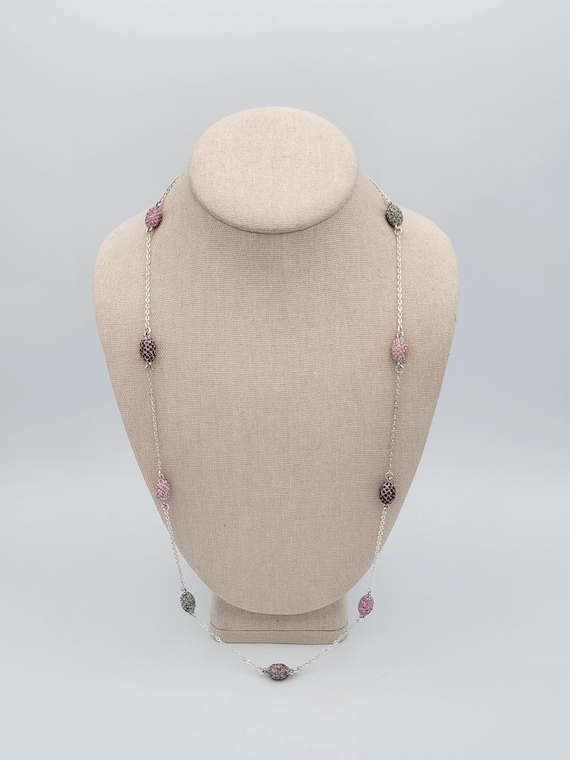 Vintage Silver Tone Cable Chain Necklace with Rhinestone Encrusted Egg Shapes Long Costume Jewelry Retro Statement Women 33 1/2" Pink Purple