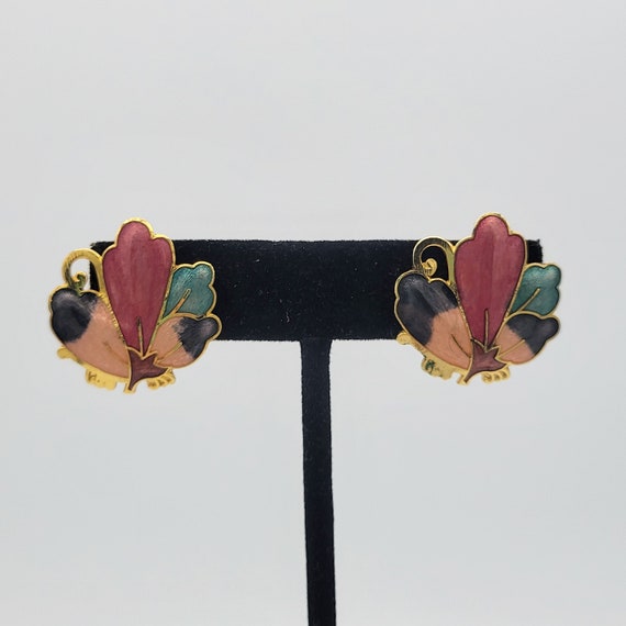 Vintage Gold Tone Cloisonne Enamel Floral Stud Earrings Costume Jewelry Retro Women Statement 1" Small Flower Pink Fuchsia Green Purple