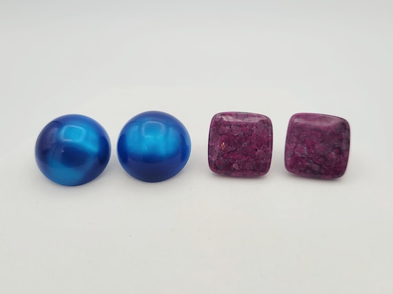 Two Pairs of Vintage 1980s Geometric Button Earrings Costume Jewelry Statement Accessories Women Blue Domed Purple Squares Faux Tigers Eye
