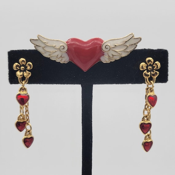 Vintage Valentine's Day Jewelry Set with Floral Heart Dangle Earrings & Heart with Wings Brooch Costume Jewelry Retro Statement Love Red