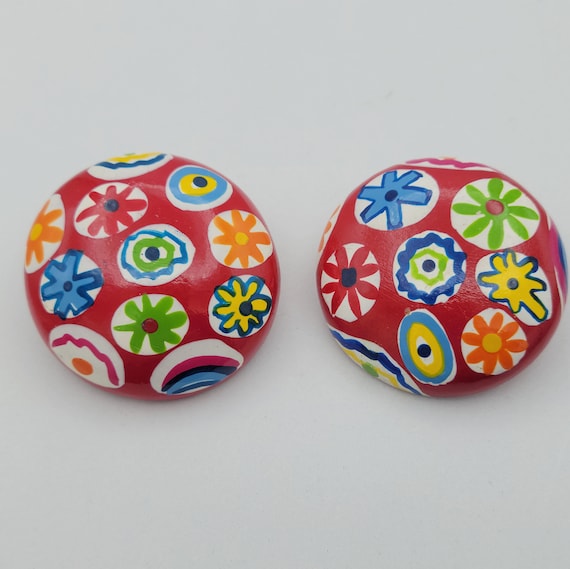 Vintage Oversize Painted Wood Button Clip On Earrings with Floral Designs Costume Jewelry Statement Retro Accessories Women 1 1/2" Flowers