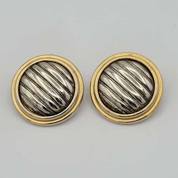 Vintage Two Tone Button Clip On Earrings with Linear Pattern Costume Jewelry Retro Statement Women Silver Gold Tone Circle Circular