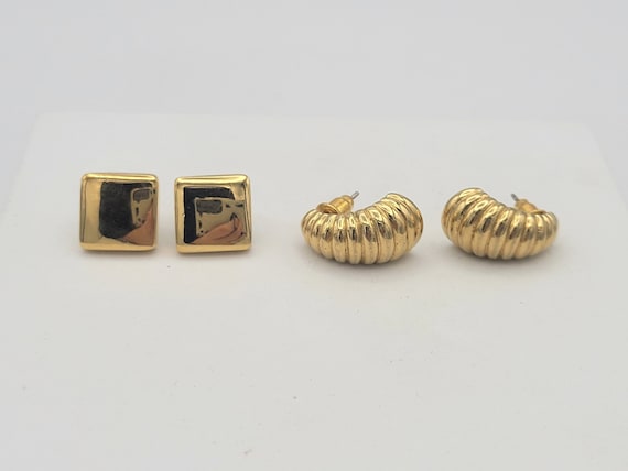 Two Pairs of Vintage Monet Gold Tone Earrings Half Hoops & Squares Costume Jewelry Statement Accessories Women Studs Chrome Shiny Classic