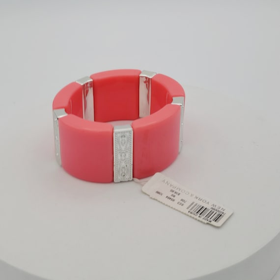 Vintage NEW NY & Company Plastic Pink and Silver Tone Wide Beaded Stretch Bracelet Costume Jewelry Retro Women Accessories Statement Wide
