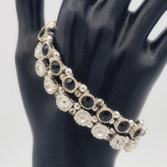 Vintage Set of 2 Silver Tone & Rhinestone Encrusted Elegant Stretch Bracelets Costume Jewelry Retro Statement Women Adjustable Faceted Black