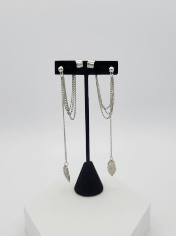 Vintage Silver Tone Curb Chain & Leaf Drape Dangle Earrings with Cuffs Costume Jewelry Retro Women Statement Long Leaves Strands Chains