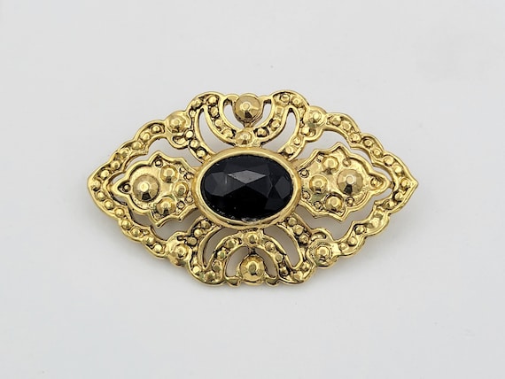 Vintage Gold Tone Art Nouveau Collar Brooch with Black Rhinestone Costume Jewelry Retro Statement Women Pin Shiny Textured Faceted Lapel