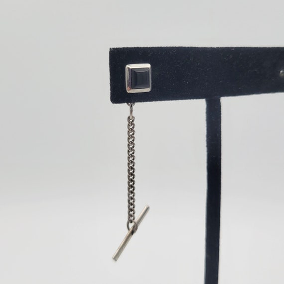 Vintage Silver Tone Square Black Cabochon Tie Tack Costume Jewelry Suit Men's Accessories Geometric 5/16" Diamond Beveled Edge