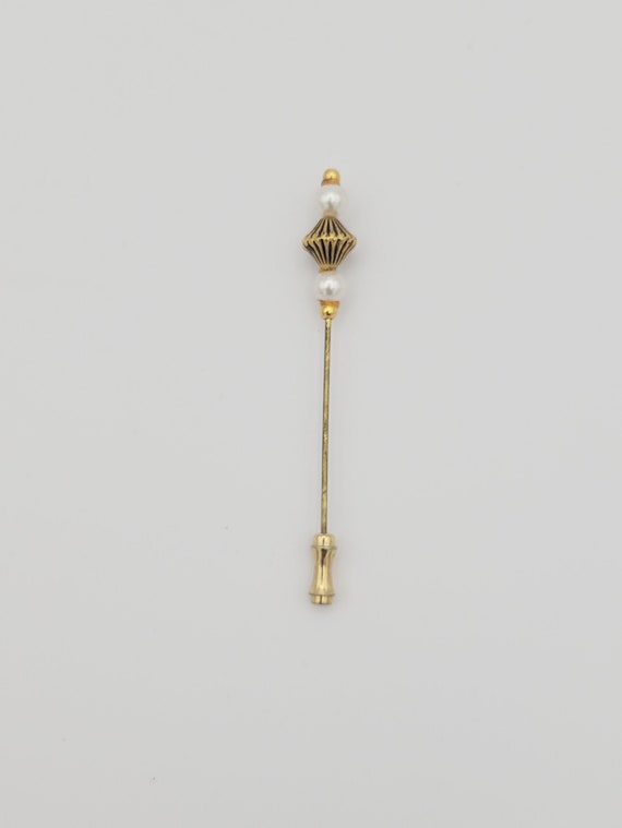 Vintage Gold Tone Hat Pin with Bicone & Faux Pearl Beads Stick Pin Costume Jewelry Retro Statement Women Straight Brooch Black Enamel Round