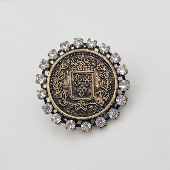 Vintage Antique Gold Tone Round Brooch with Coat of Arms & Rhinestone Halo Pin Tack Costume Jewelry Accent Lapel Small Micro Mini Hat Tie
