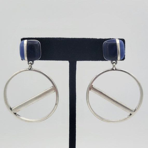 Vintage Silver Tone Matte Finish Openwork Circular Dangle Earrings with Blue Cabochons Costume Jewelry Retro Women Statement 2 1/8" Long