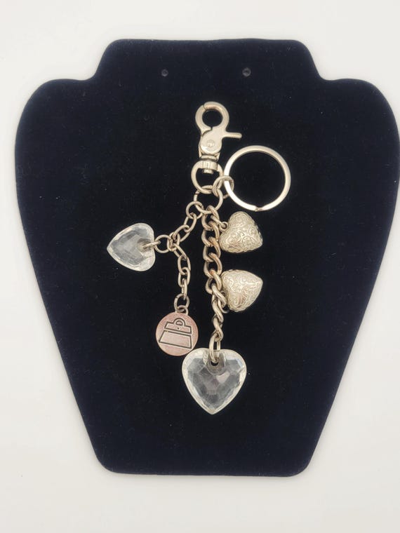 Vintage Kathy Van Zeeland Silver Tone Filigree & Clear Heart Keychain or Purse Charm Retro Statement Designer Women Accessories Faceted