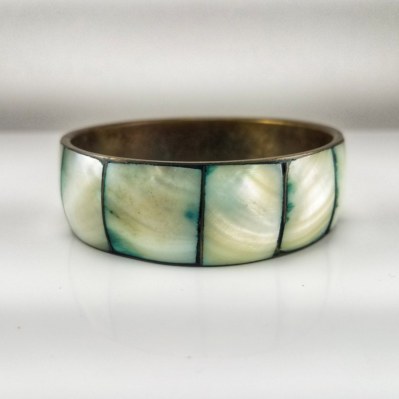 Vintage Brass /& Abalone Shell Bangle Bracelet Costume Jewelry Retro Statement Women Unsigned Thick Chunky Wide Square Blue White