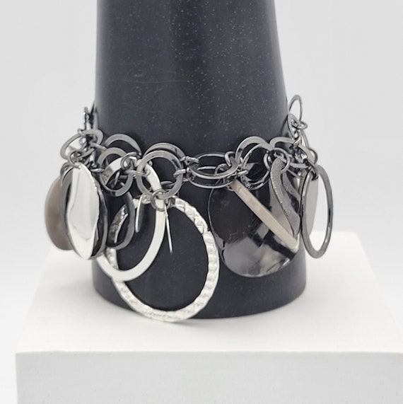 Vintage Chico's Gunmetal & Silver Tone Circular Link Bracelet with Geometric Dangles Costume Jewelry Retro Statement Toggle Clasp 8" Oval