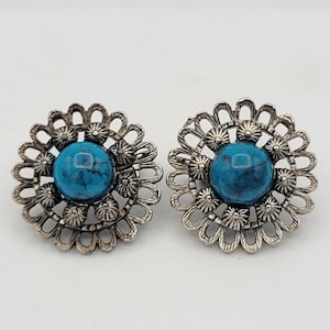 Vintage Southwestern Openwork Silver Tone Floral Stud Clip On Earrings with Faux Turquoise Cabochons Costume Jewelry Retro Oversize Chunky