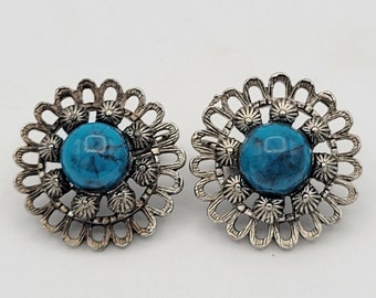 Vintage Zuidwestelijke Opengewerkte Zilverkleurige Bloemen Stud Clip Op Oorbellen met Faux Turquoise Cabochons Kostuum Sieraden Retro Oversize Chunky