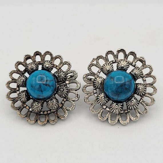 Vintage Southwestern Openwork Silver Tone Floral Stud Clip On Earrings with Faux Turquoise Cabochons Costume Jewelry Retro Oversize Chunky
