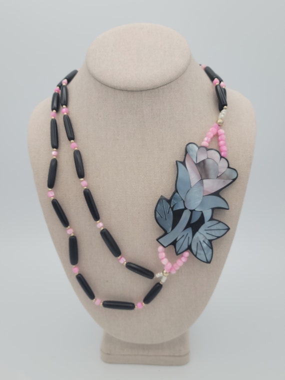 Vintage 1970s Double Strand Black & Pink Plastic … - image 3